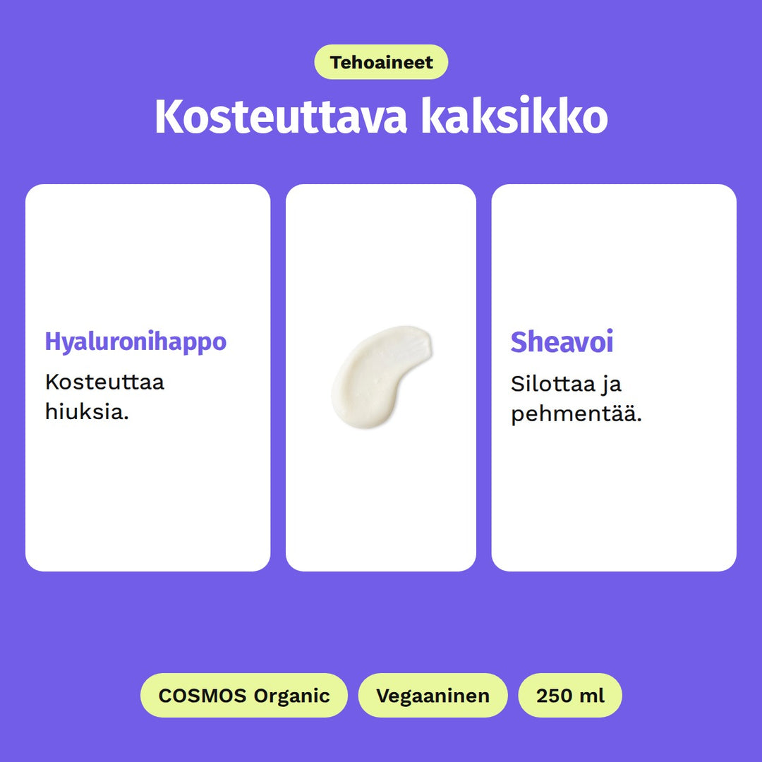 Evolve Hyaluronic Nourishing Conditioner 250 ml, tehoaineet: Hyaluronihappo ja Sheavoi. Kuvassa hoitoaineen kermainen koostumus. COSMOS Organic, Vegaaninen ja 250 ml.