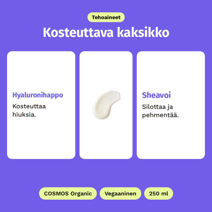 Evolve Hyaluronic Nourishing Conditioner 250 ml, tehoaineet: Hyaluronihappo ja Sheavoi. Kuvassa hoitoaineen kermainen koostumus. COSMOS Organic, Vegaaninen ja 250 ml.