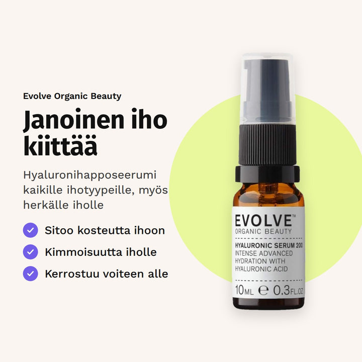 Evolve Hyaluronihapposeerumi 10 ml. Janoinen iho kiittää. Hyaluronihapposeerumi kaikille ihotyypeille, myös herkälle iholle.