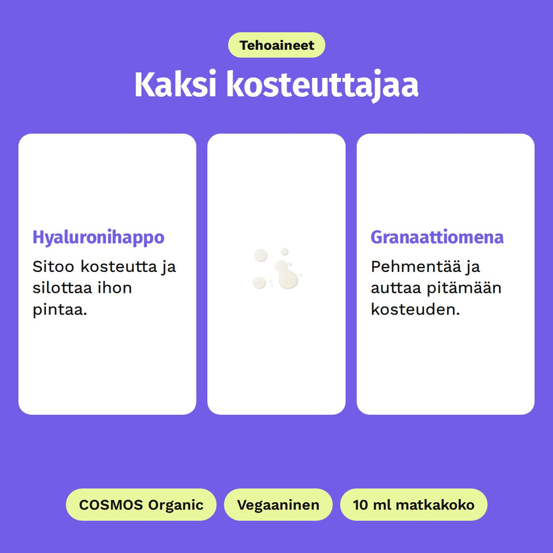 Evolve Hyaluronihapposeerumi 10 ml, tehoaineet: Hyaluronihappo ja Granaattiomena. COSMOS Organic, Vegaaninen ja 10 ml matkakoko.