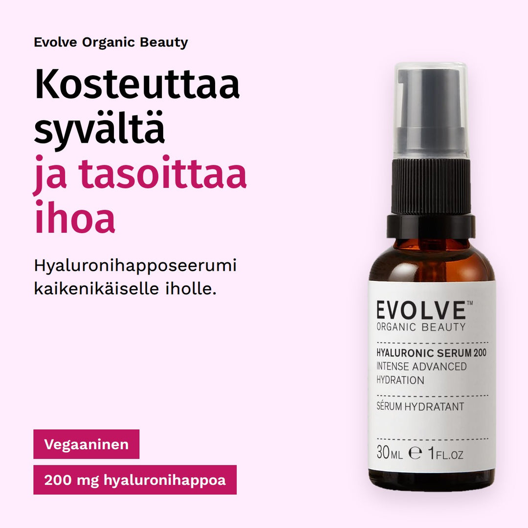 Evolve Organic Beauty Hyaluronihapposeerumi 30ml. Kosteuttaa syvältä ja tasoittaa ihoa. Hyaluronihapposeerumi kaikenikäiselle iholle. Vegaaninen. 200 mg hyaluronihappoa.