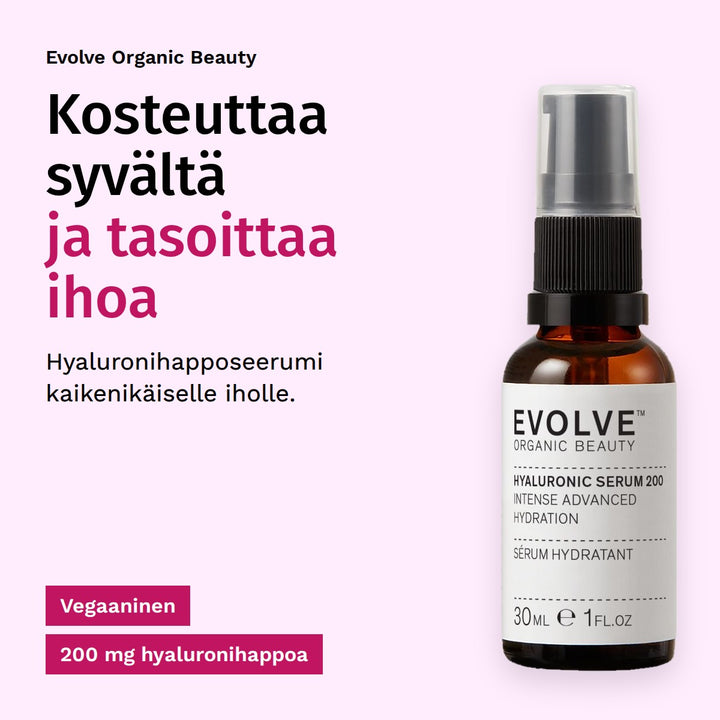 Evolve Organic Beauty Hyaluronihapposeerumi 30ml. Kosteuttaa syvältä ja tasoittaa ihoa. Hyaluronihapposeerumi kaikenikäiselle iholle. Vegaaninen. 200 mg hyaluronihappoa.