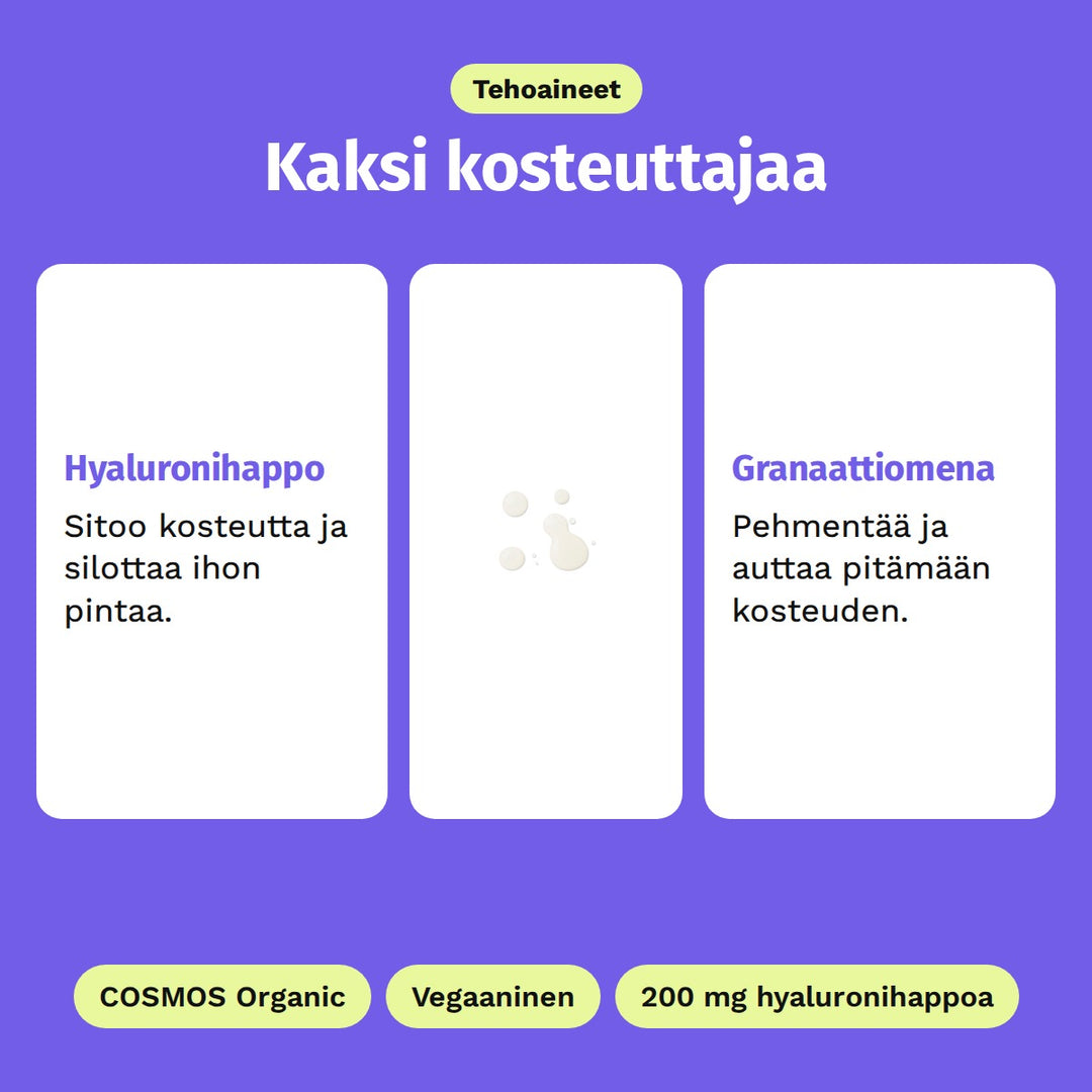 Evolve Hyaluronihapposeerumi 30 ml, tehoaineet: hyaluronihappo ja granaattiomena. Kuvassa seerumin maitomainen koostumus. COSMOS Organic, Vegaaninen ja 200 mg hyaluronihappoa.