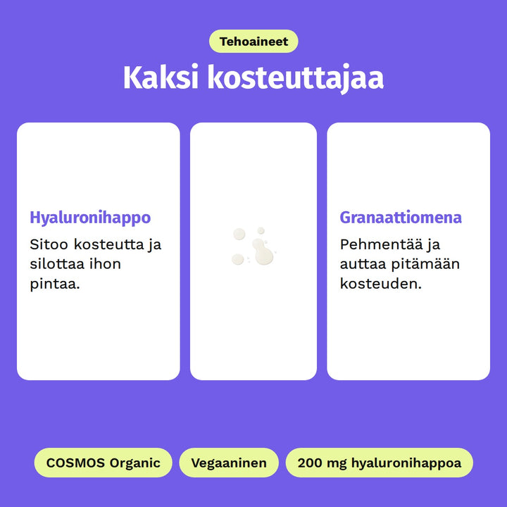 Evolve Hyaluronihapposeerumi 30 ml, tehoaineet: hyaluronihappo ja granaattiomena. Kuvassa seerumin maitomainen koostumus. COSMOS Organic, Vegaaninen ja 200 mg hyaluronihappoa.