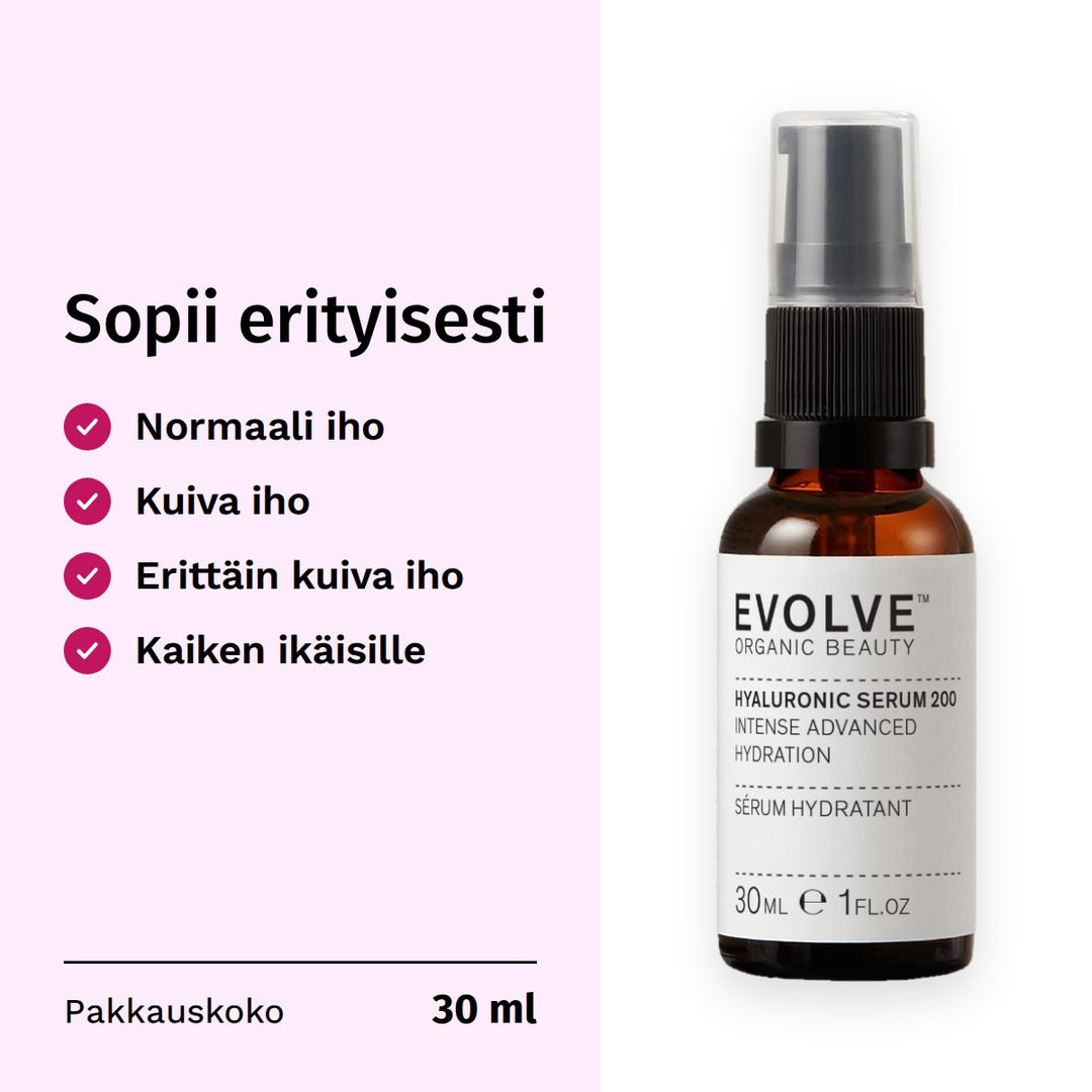 Evolve Organic Beauty Hyaluronihapposeerumi 30ml. Sopii erityisesti: normaali iho, kuiva iho, erittäin kuiva iho, kaiken ikäisille. Pakkauskoko 30 ml.