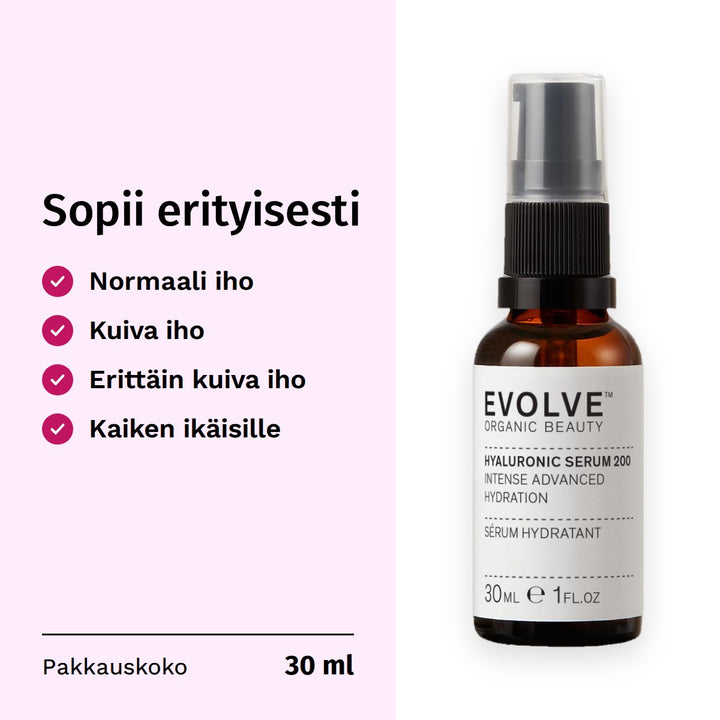 Evolve Organic Beauty Hyaluronihapposeerumi 30ml. Sopii erityisesti: normaali iho, kuiva iho, erittäin kuiva iho, kaiken ikäisille. Pakkauskoko 30 ml.