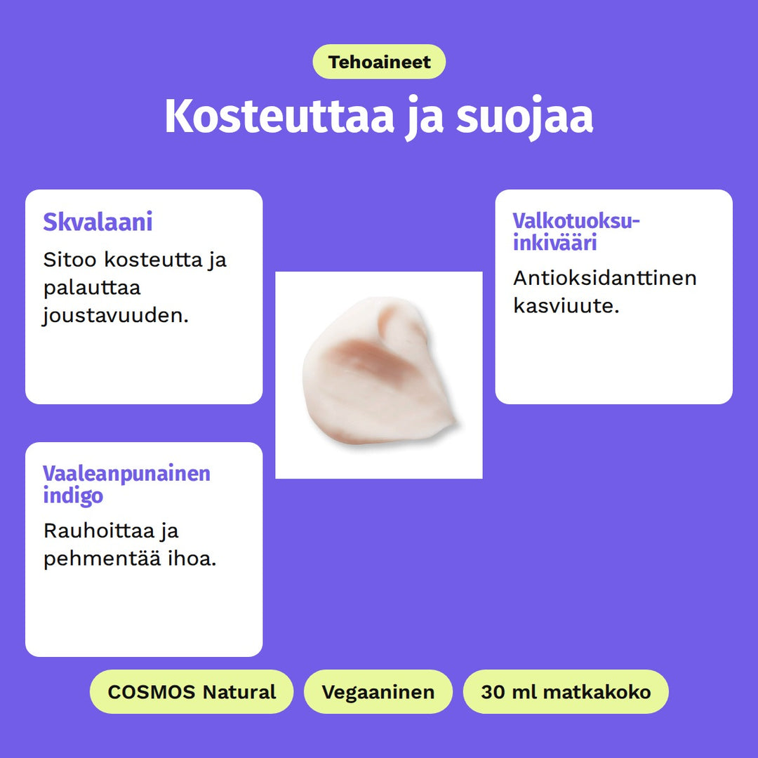 Evolve Hydrate &amp; Protect -kasvovoide 30 ml, tehoaineet: Skvalaani, Valkotuoksuinkivääri ja Vaaleanpunainen indigo. COSMOS Natural, Vegaaninen ja 30 ml matkakoko.