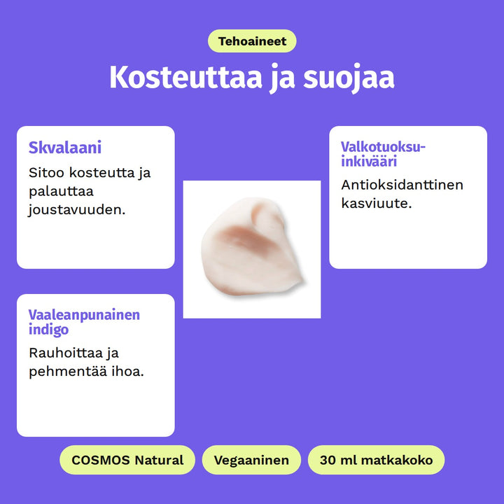 Evolve Hydrate &amp; Protect -kasvovoide 30 ml, tehoaineet: Skvalaani, Valkotuoksuinkivääri ja Vaaleanpunainen indigo. COSMOS Natural, Vegaaninen ja 30 ml matkakoko.