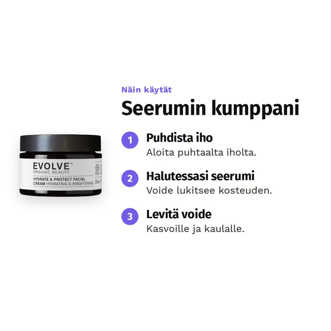Evolve Hydrate &amp; Protect -kasvovoide 30 ml, käyttö: 1. Puhdista iho: Aloita puhtaalta iholta. 2. Halutessasi seerumi: Voide lukitsee kosteuden. 3. Levitä voide: Kasvoille ja kaulalle.