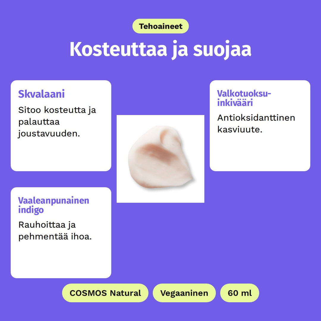 Evolve Hydrate &amp; Protect -kasvovoide 60 ml, tehoaineet: Skvalaani, Valkotuoksuinkivääri ja Vaaleanpunainen indigo. COSMOS Natural, Vegaaninen ja 60 ml.