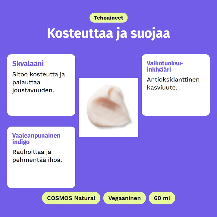 Evolve Hydrate &amp; Protect -kasvovoide 60 ml, tehoaineet: Skvalaani, Valkotuoksuinkivääri ja Vaaleanpunainen indigo. COSMOS Natural, Vegaaninen ja 60 ml.