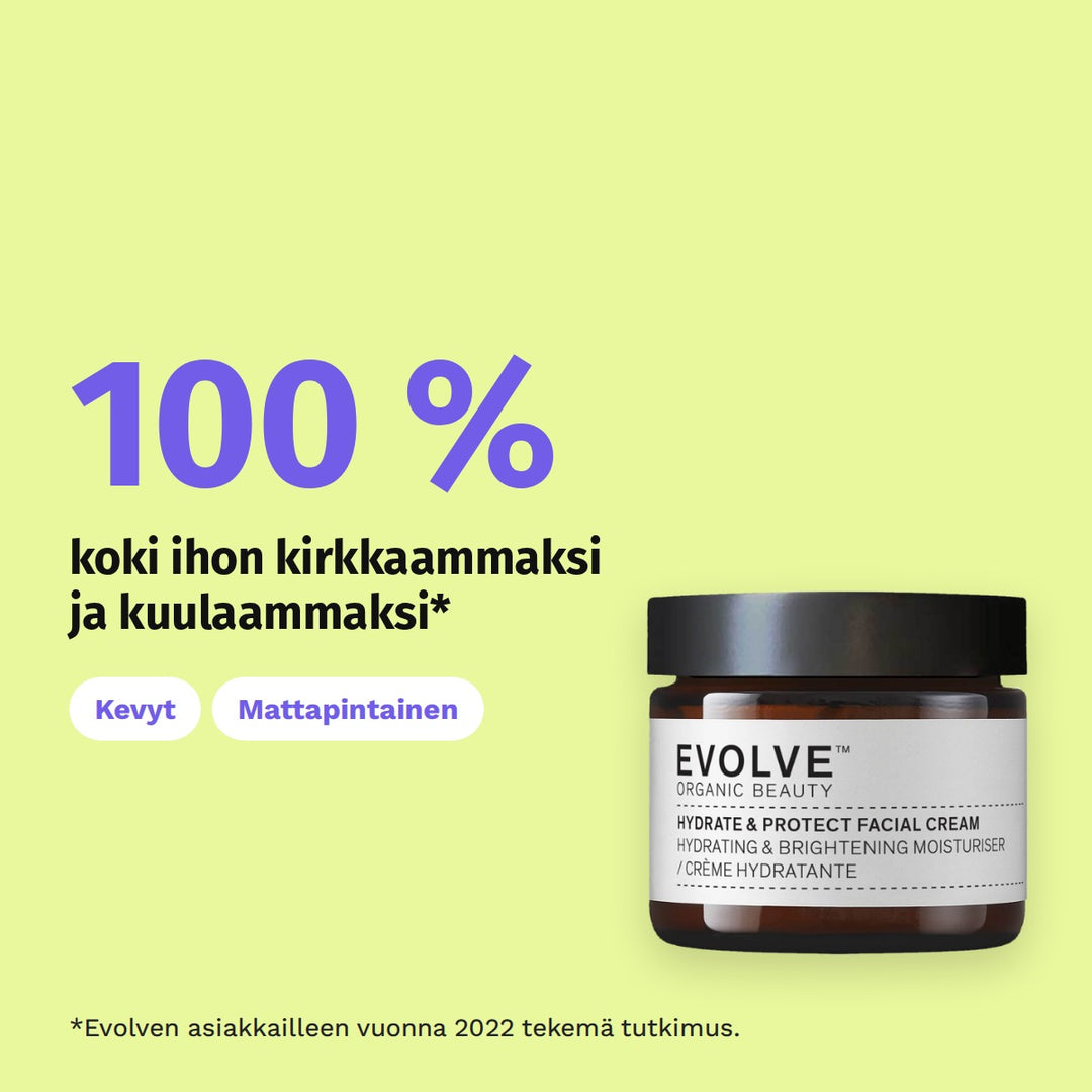 Evolve Hydrate &amp; Protect -kasvovoide 60 ml: 100 % koki ihon kirkkaammaksi ja kuulaammaksi*. *Evolven asiakkailleen vuonna 2022 tekemä tutkimus.