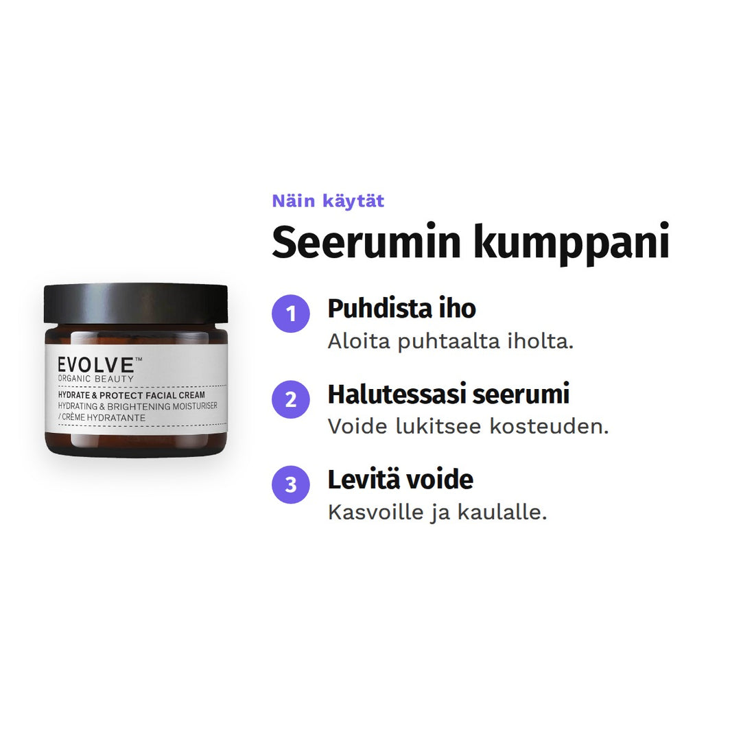 Evolve Hydrate &amp; Protect -kasvovoide 60 ml, käyttö: 1. Puhdista iho: Aloita puhtaalta iholta. 2. Halutessasi seerumi: Voide lukitsee kosteuden. 3. Levitä voide: Kasvoille ja kaulalle.