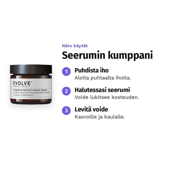Evolve Hydrate &amp; Protect -kasvovoide 60 ml, käyttö: 1. Puhdista iho: Aloita puhtaalta iholta. 2. Halutessasi seerumi: Voide lukitsee kosteuden. 3. Levitä voide: Kasvoille ja kaulalle.