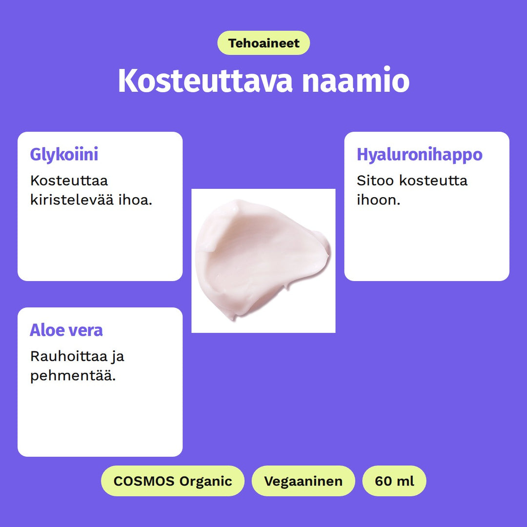 Evolve Intense Hydrating Mask 60 ml, tehoaineet: Glykoiini, Hyaluronihappo ja Aloe vera. Kuvassa naamion vaaleanpunainen koostumus. COSMOS Organic, Vegaaninen ja 60 ml.