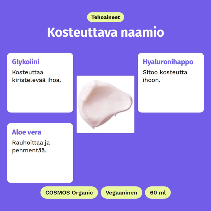 Evolve Intense Hydrating Mask 60 ml, tehoaineet: Glykoiini, Hyaluronihappo ja Aloe vera. Kuvassa naamion vaaleanpunainen koostumus. COSMOS Organic, Vegaaninen ja 60 ml.