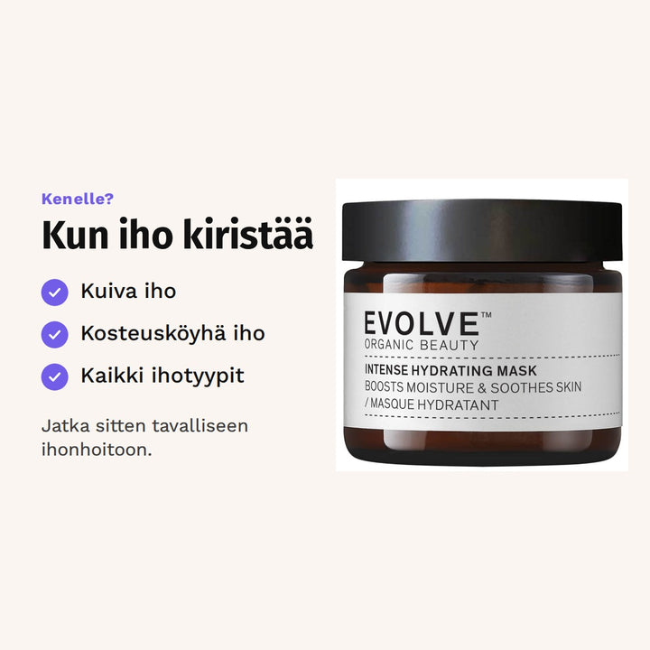 Evolve Intense Hydrating Mask 60 ml sopii: kuiva iho, kosteusköyhä iho ja kaikki ihotyypit.