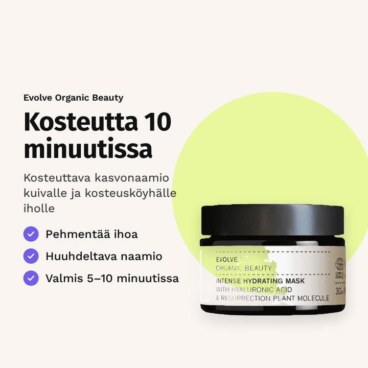 Evolve Intense Hydrating Mask 30 ml. Kosteutta 10 minuutissa. Kosteuttava kasvonaamio kuivalle ja kosteusköyhälle iholle.