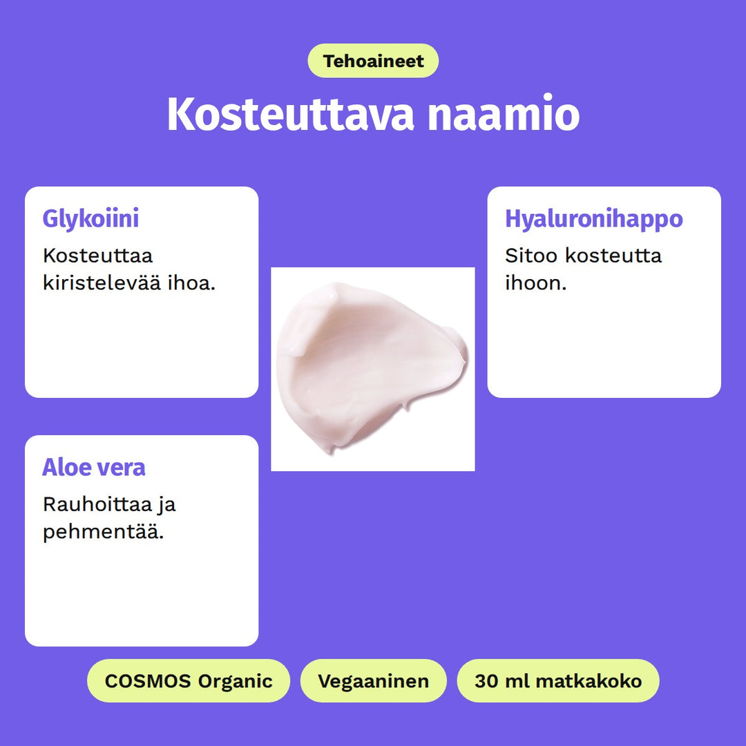 Evolve Intense Hydrating Mask 30 ml, tehoaineet: Glykoiini, Hyaluronihappo ja Aloe vera. Kuvassa naamion vaaleanpunainen koostumus. COSMOS Organic, Vegaaninen ja 30 ml matkakoko.