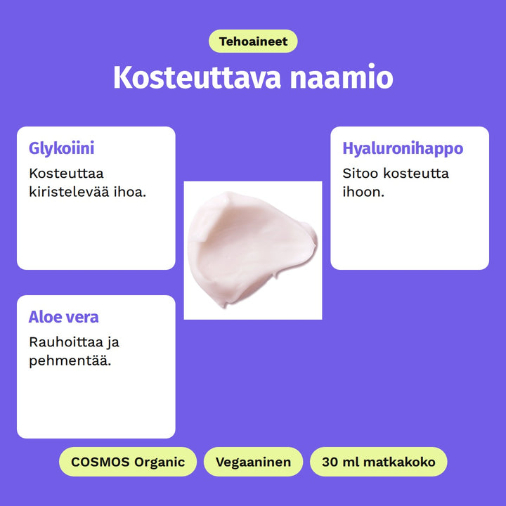 Evolve Intense Hydrating Mask 30 ml, tehoaineet: Glykoiini, Hyaluronihappo ja Aloe vera. Kuvassa naamion vaaleanpunainen koostumus. COSMOS Organic, Vegaaninen ja 30 ml matkakoko.