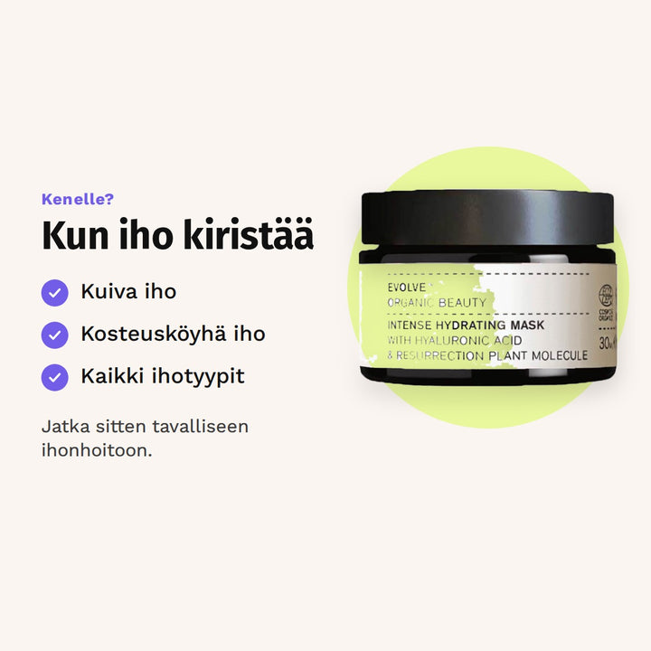 Evolve Intense Hydrating Mask 30 ml sopii: kuiva iho, kosteusköyhä iho ja kaikki ihotyypit.