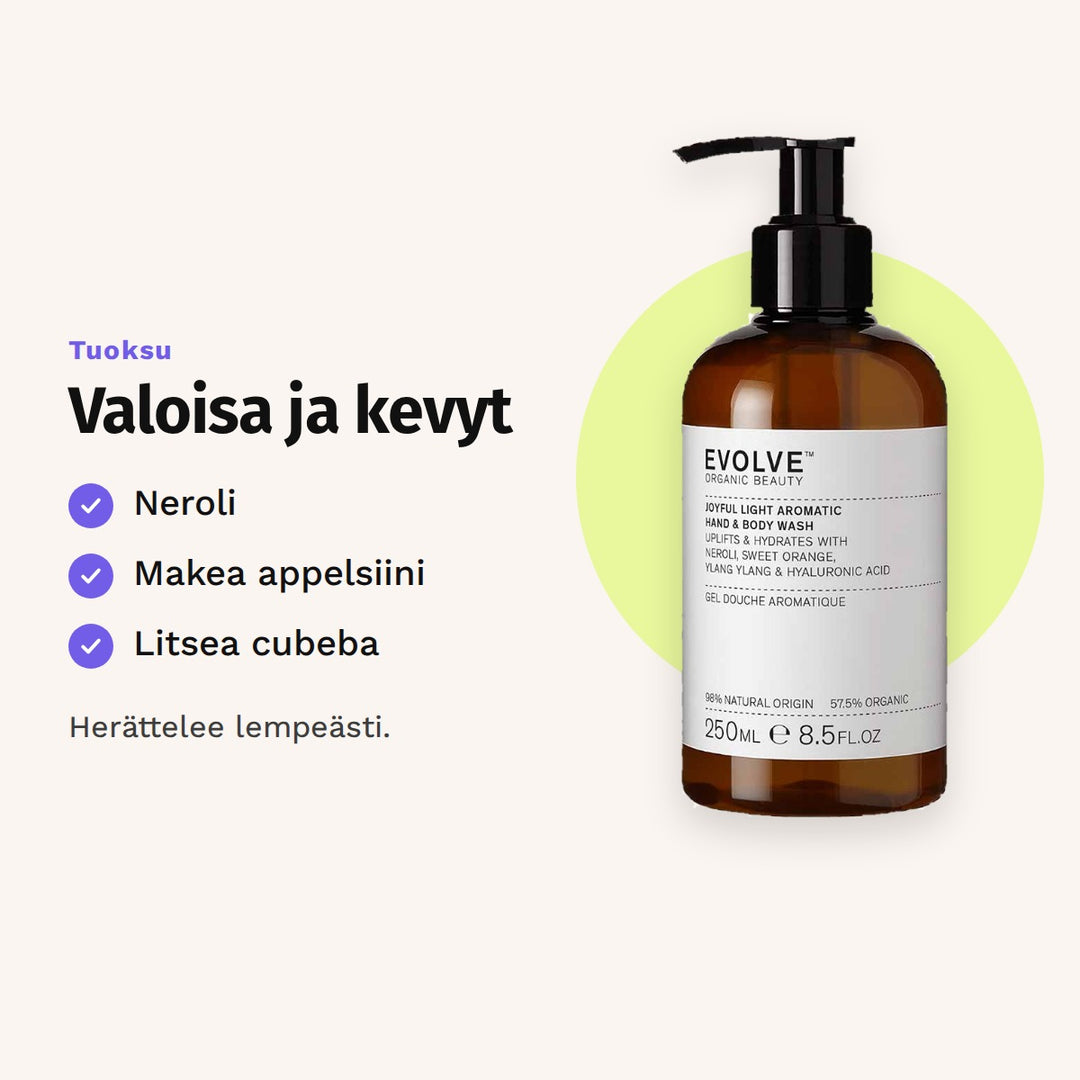 Evolve Joyful Light Aromatic Wash 250 ml tuoksu: neroli, makea appelsiini ja litsea cubeba.