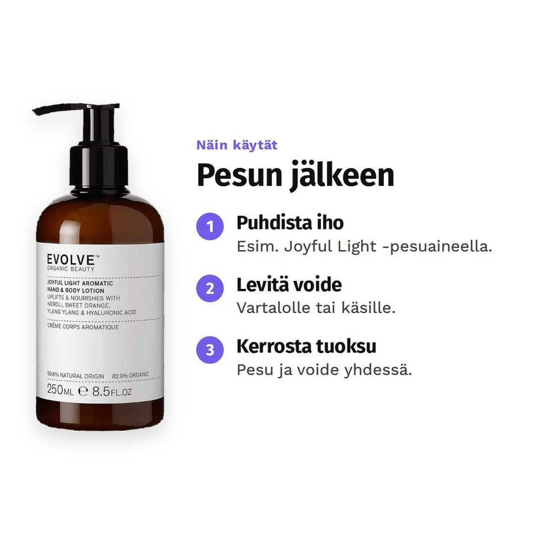 Evolve Joyful Light Hand &amp; Body Lotion 250 ml, käyttö: 1. Puhdista iho: Esim. Joyful Light -pesuaineella. 2. Levitä voide: Vartalolle tai käsille. 3. Kerrosta tuoksu: Pesu ja voide yhdessä.