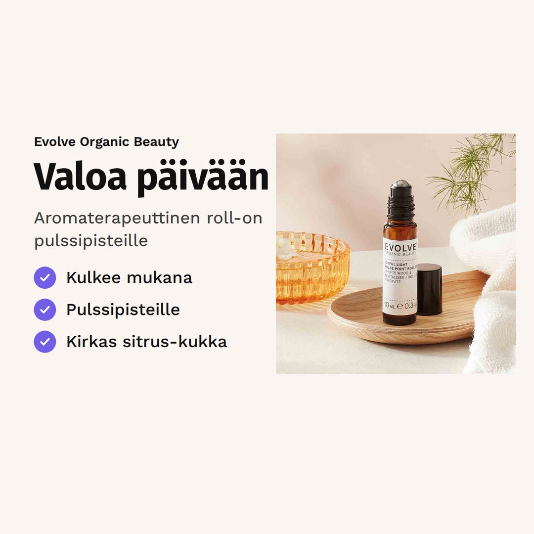 Evolve Joyful Light Pulse Point Roll-On 10 ml. Valoa päivään. Aromaterapeuttinen roll-on pulssipisteille. Kuvassa roll-on-pullo puutarjottimella.