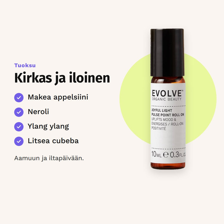 Evolve Joyful Light Pulse Point Roll-On 10 ml tuoksu: makea appelsiini, neroli, ylang ylang ja litsea cubeba.
