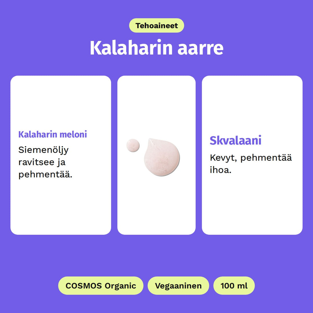 Evolve Kalahari Dream -puhdistusöljy 100 ml, tehoaineet: Kalaharin meloni ja Skvalaani. Kuvassa öljyn vaaleanpunainen koostumus. COSMOS Organic, Vegaaninen ja 100 ml.