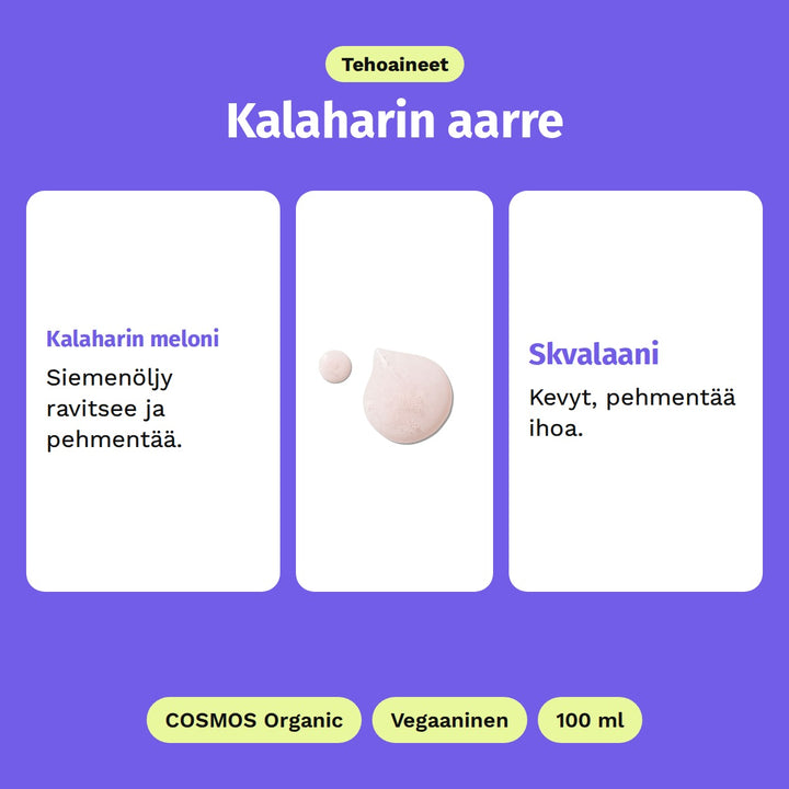 Evolve Kalahari Dream -puhdistusöljy 100 ml, tehoaineet: Kalaharin meloni ja Skvalaani. Kuvassa öljyn vaaleanpunainen koostumus. COSMOS Organic, Vegaaninen ja 100 ml.