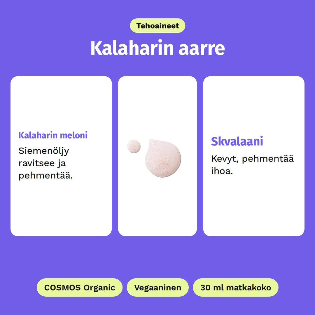 Evolve Kalahari Dream -puhdistusöljy 30 ml, tehoaineet: Kalaharin meloni ja Skvalaani. Kuvassa öljyn vaaleanpunainen koostumus. COSMOS Organic, Vegaaninen ja 30 ml matkakoko.