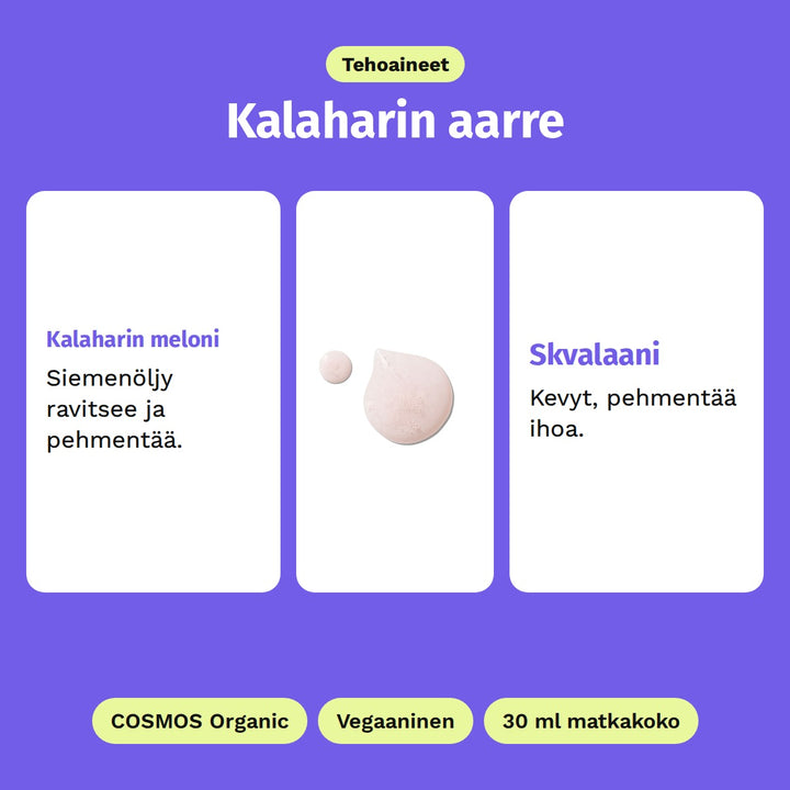 Evolve Kalahari Dream -puhdistusöljy 30 ml, tehoaineet: Kalaharin meloni ja Skvalaani. Kuvassa öljyn vaaleanpunainen koostumus. COSMOS Organic, Vegaaninen ja 30 ml matkakoko.