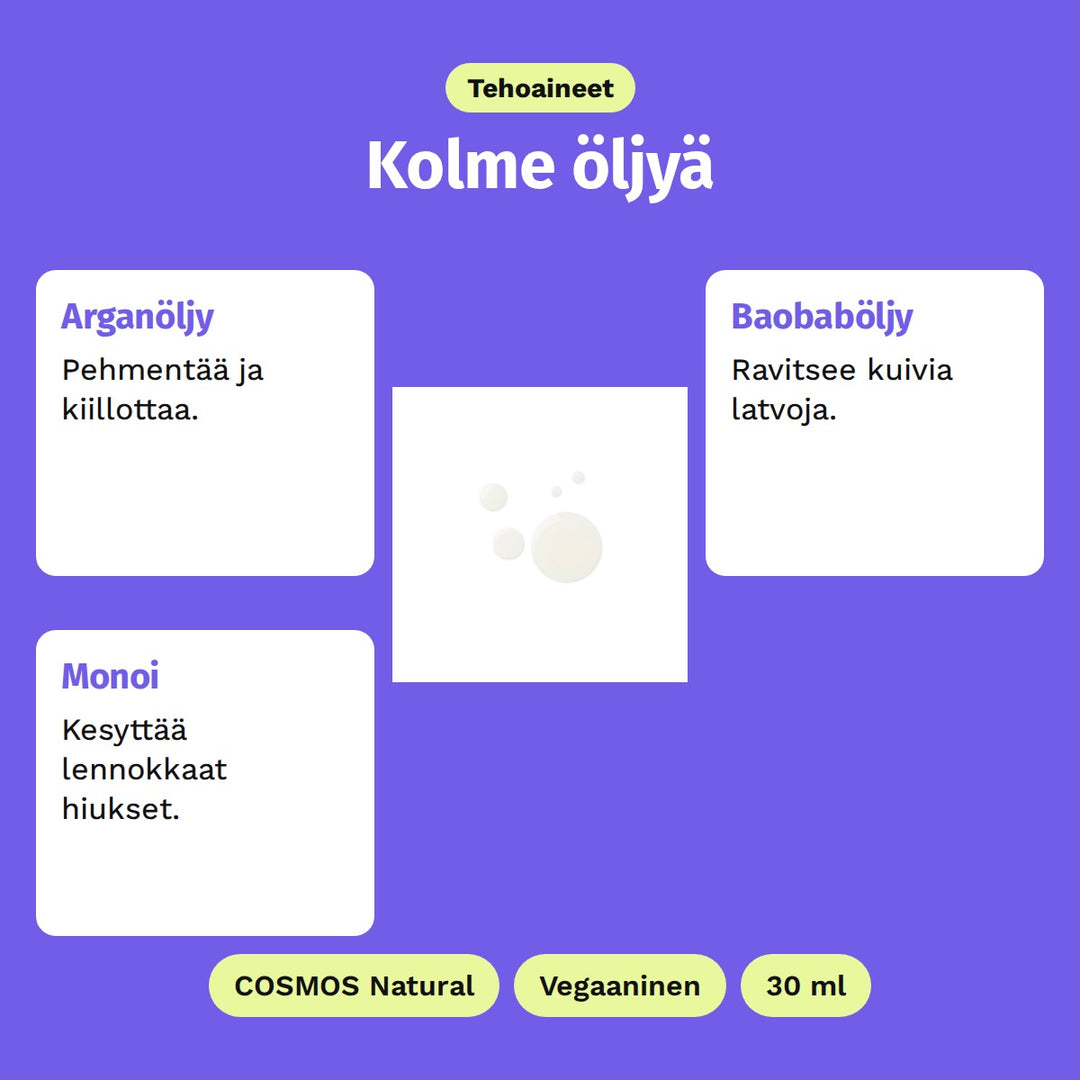 Evolve Nourishing Hair Elixir 30 ml, tehoaineet: Arganöljy, Baobaböljy ja Monoi. Kuvassa seerumin öljypisarat. COSMOS Natural, Vegaaninen ja 30 ml.