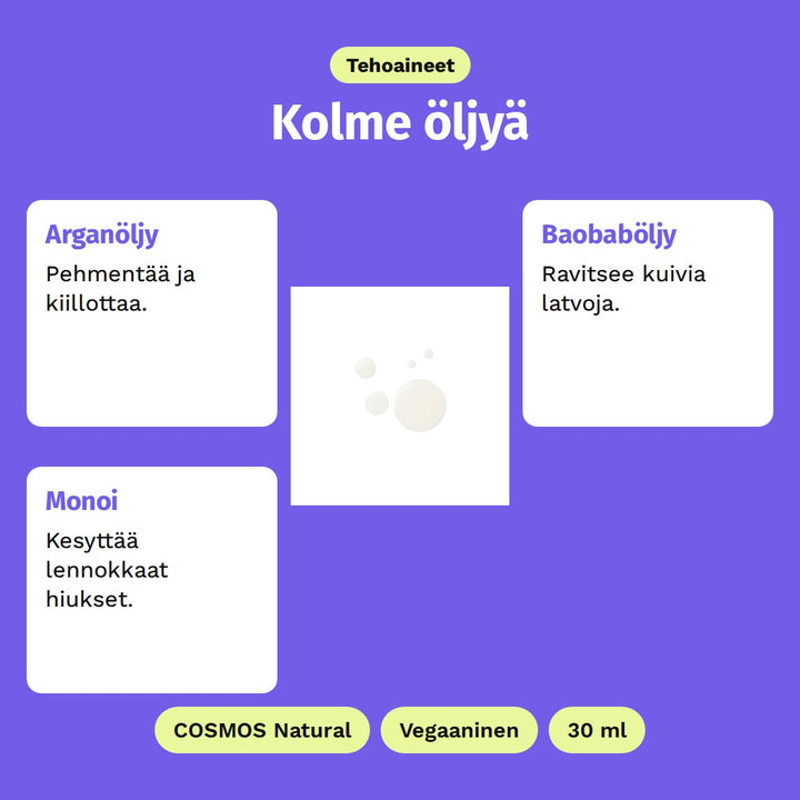 Evolve Nourishing Hair Elixir 30 ml, tehoaineet: Arganöljy, Baobaböljy ja Monoi. Kuvassa seerumin öljypisarat. COSMOS Natural, Vegaaninen ja 30 ml.