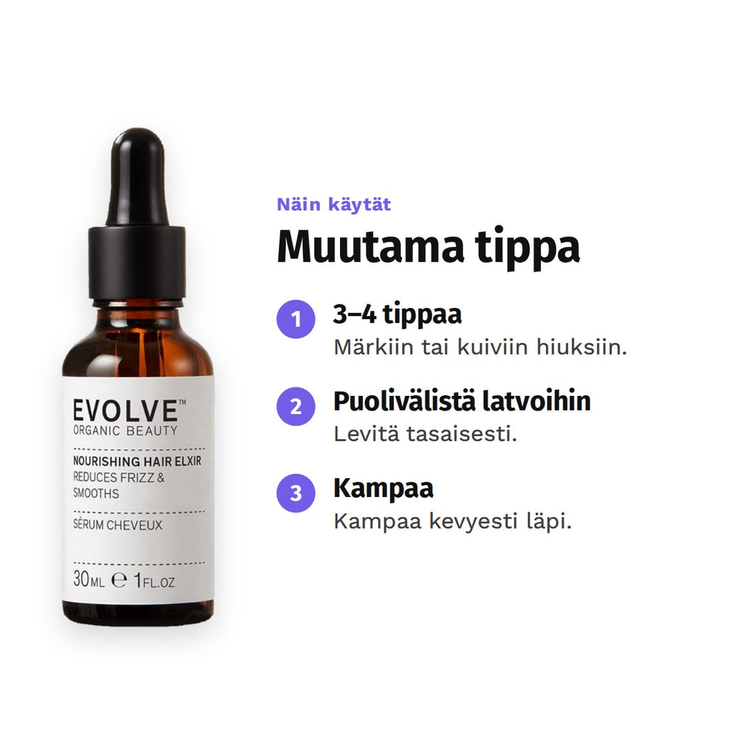 Evolve Nourishing Hair Elixir 30 ml, käyttö: 1. 3–4 tippaa: Märkiin tai kuiviin hiuksiin. 2. Puolivälistä latvoihin: Levitä tasaisesti. 3. Kampaa: Kampaa kevyesti läpi.