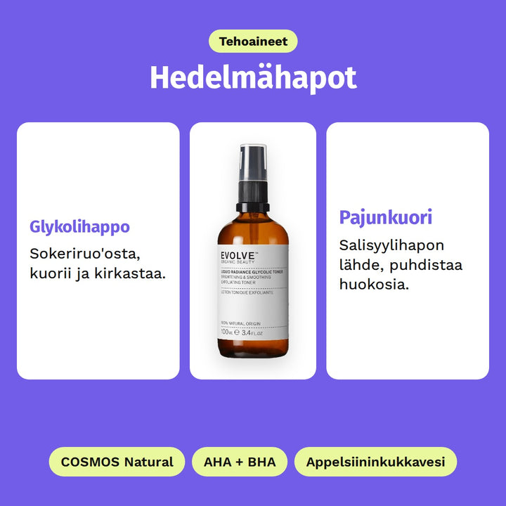 Evolve Liquid Radiance Glycolic Toner, tehoaineet: Glykolihappo ja Pajunkuori. COSMOS Natural, AHA + BHA ja Appelsiininkukkavesi.