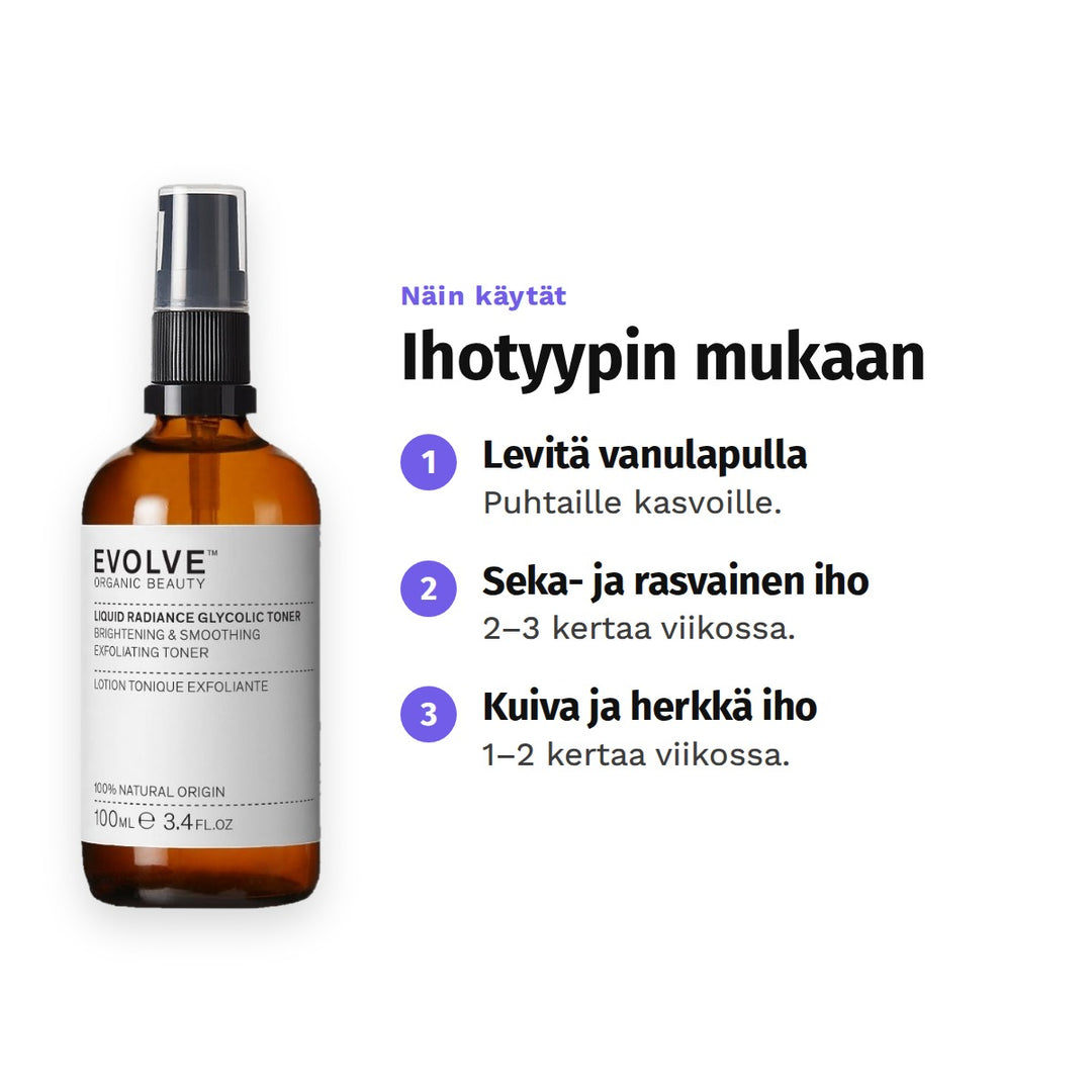 Evolve Liquid Radiance Glycolic Toner, käyttö: 1. Levitä vanulapulla: Puhtaille kasvoille. 2. Seka- ja rasvainen iho: 2–3 kertaa viikossa. 3. Kuiva ja herkkä iho: 1–2 kertaa viikossa.