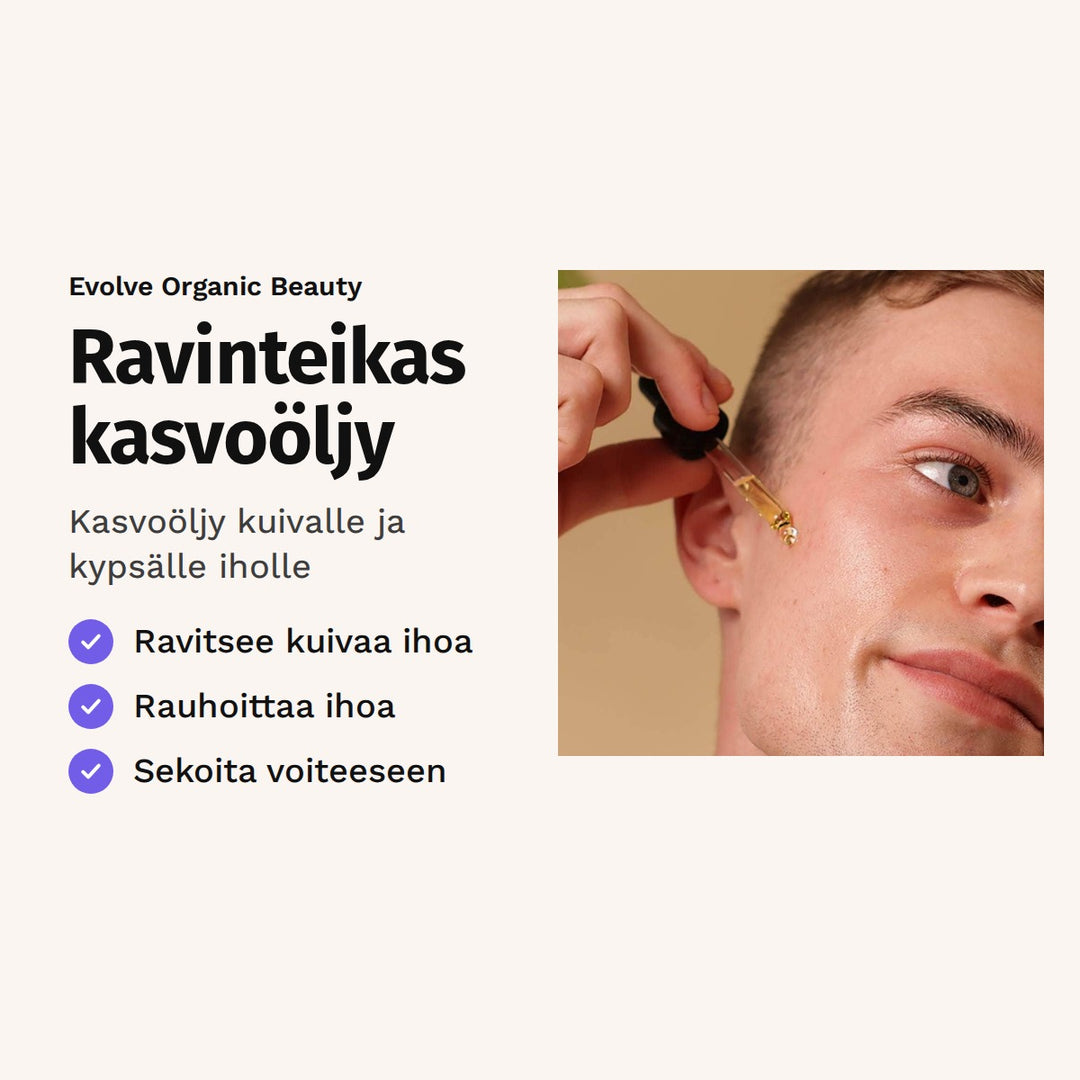 Evolve Rosehip Miracle Oil 30 ml. Ravinteikas kasvoöljy. Kasvoöljy kuivalle ja kypsälle iholle. Kuvassa mies levittää kasvoöljyä pipetillä.
