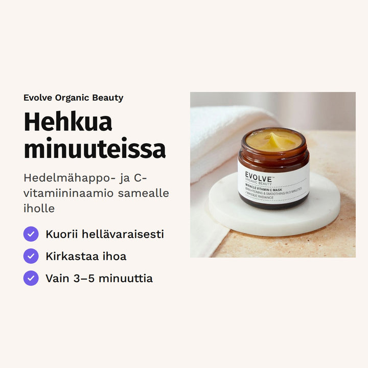 Evolve Miracle Vitamin C Mask 60 ml. Hehkua minuuteissa. Hedelmähappo- ja C-vitamiininaamio samealle iholle. Kuvassa naamiopurkki kylpyhuoneen tasolla.