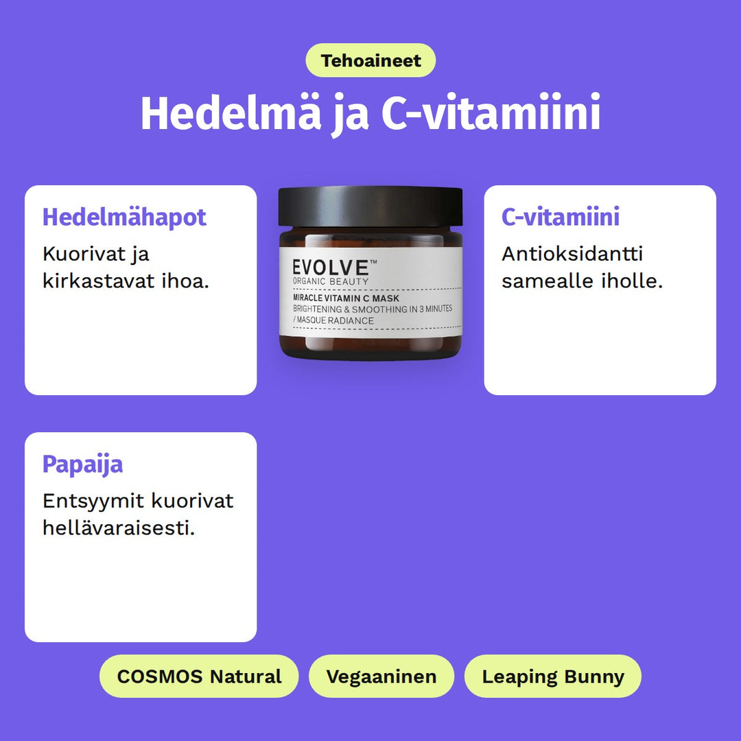 Evolve Miracle Vitamin C Mask 60 ml, tehoaineet: Hedelmähapot, C-vitamiini ja Papaija. COSMOS Natural, Vegaaninen ja Leaping Bunny.