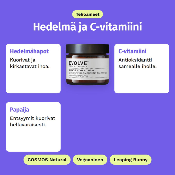 Evolve Miracle Vitamin C Mask 60 ml, tehoaineet: Hedelmähapot, C-vitamiini ja Papaija. COSMOS Natural, Vegaaninen ja Leaping Bunny.