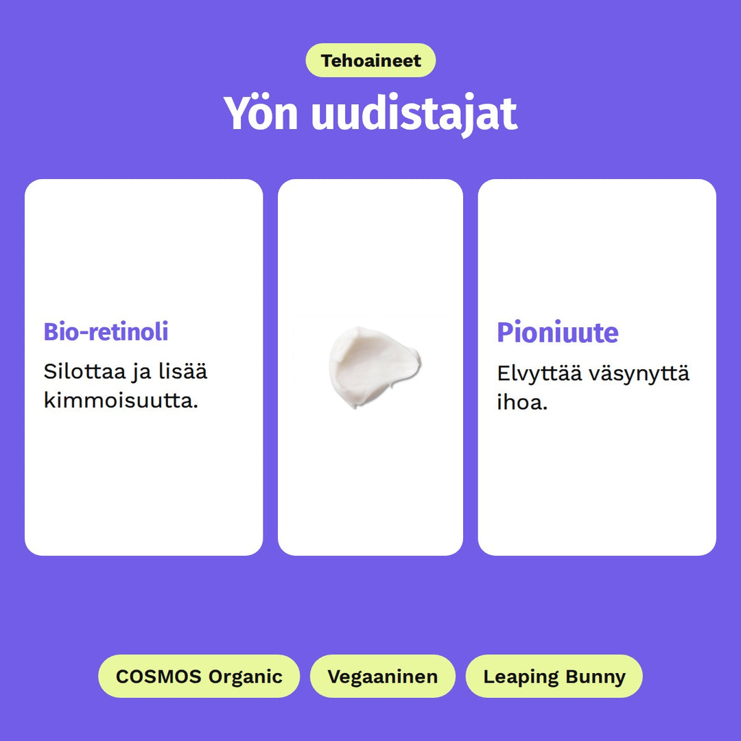 Evolve Nightly Renew -yövoide 60 ml, tehoaineet: Bio-retinoli ja Pioniuute. COSMOS Organic, Vegaaninen ja Leaping Bunny.