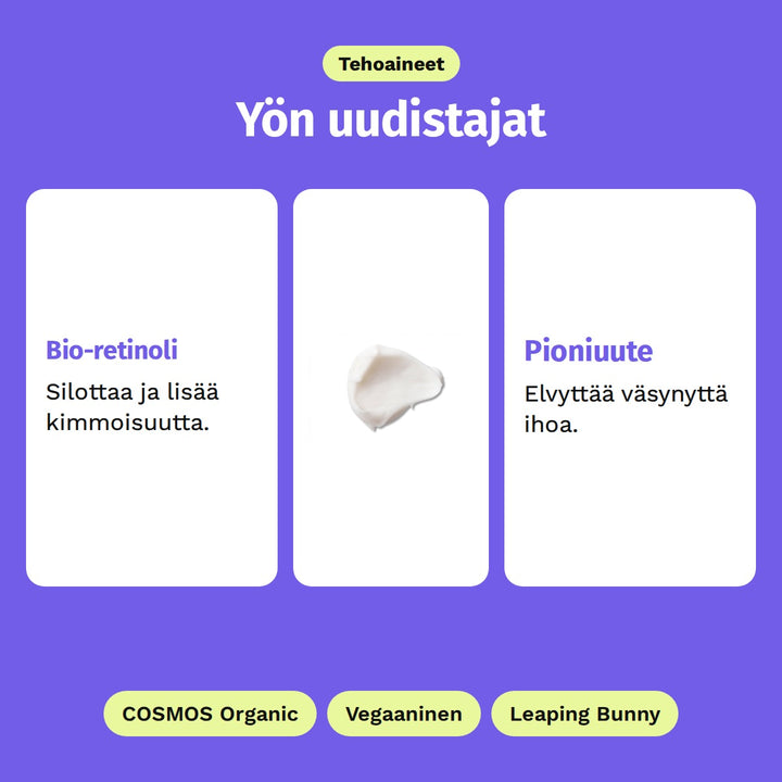 Evolve Nightly Renew -yövoide 60 ml, tehoaineet: Bio-retinoli ja Pioniuute. COSMOS Organic, Vegaaninen ja Leaping Bunny.