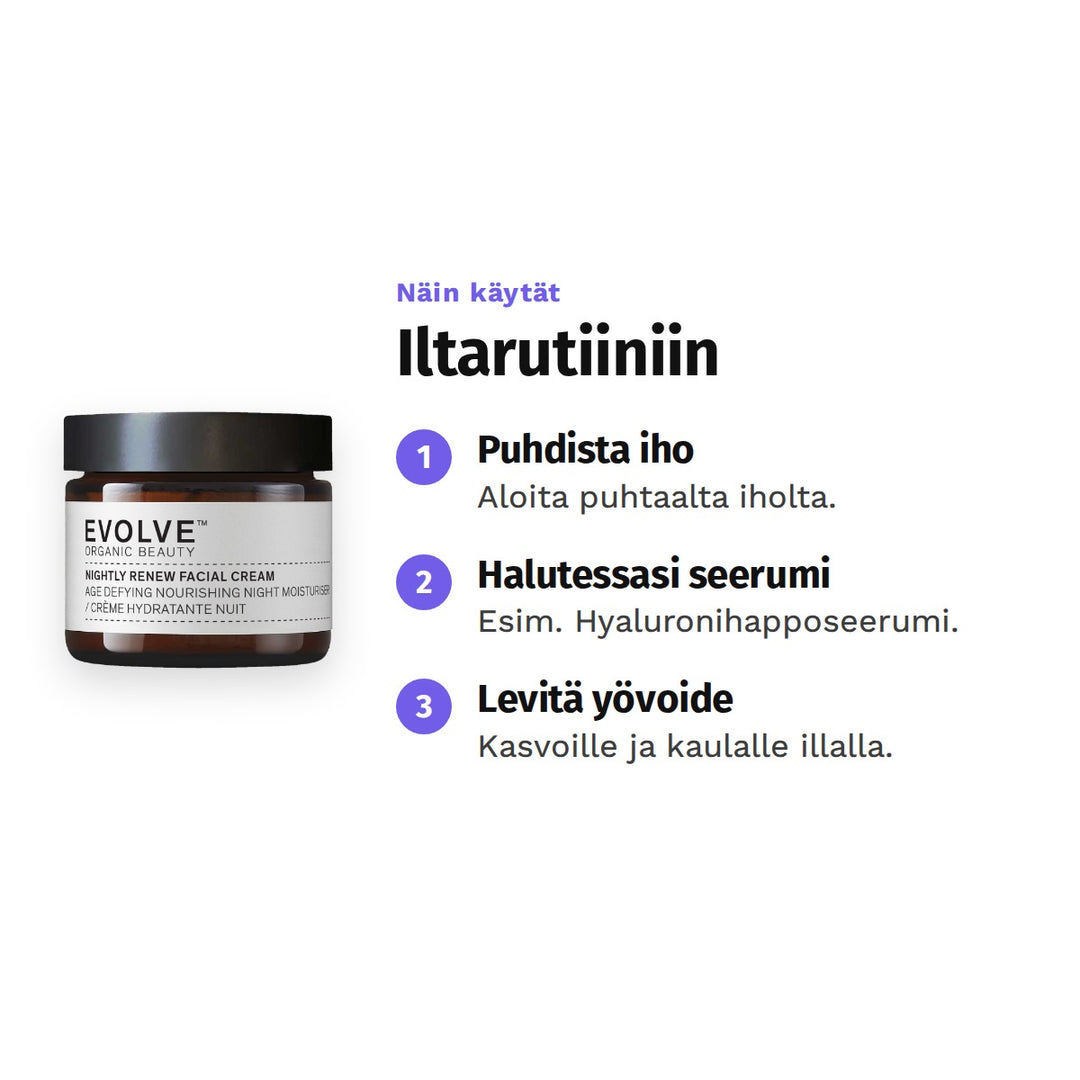Evolve Nightly Renew -yövoide 60 ml, käyttö: 1. Puhdista iho: Aloita puhtaalta iholta. 2. Halutessasi seerumi: Esim. Hyaluronihapposeerumi. 3. Levitä yövoide: Kasvoille ja kaulalle illalla.