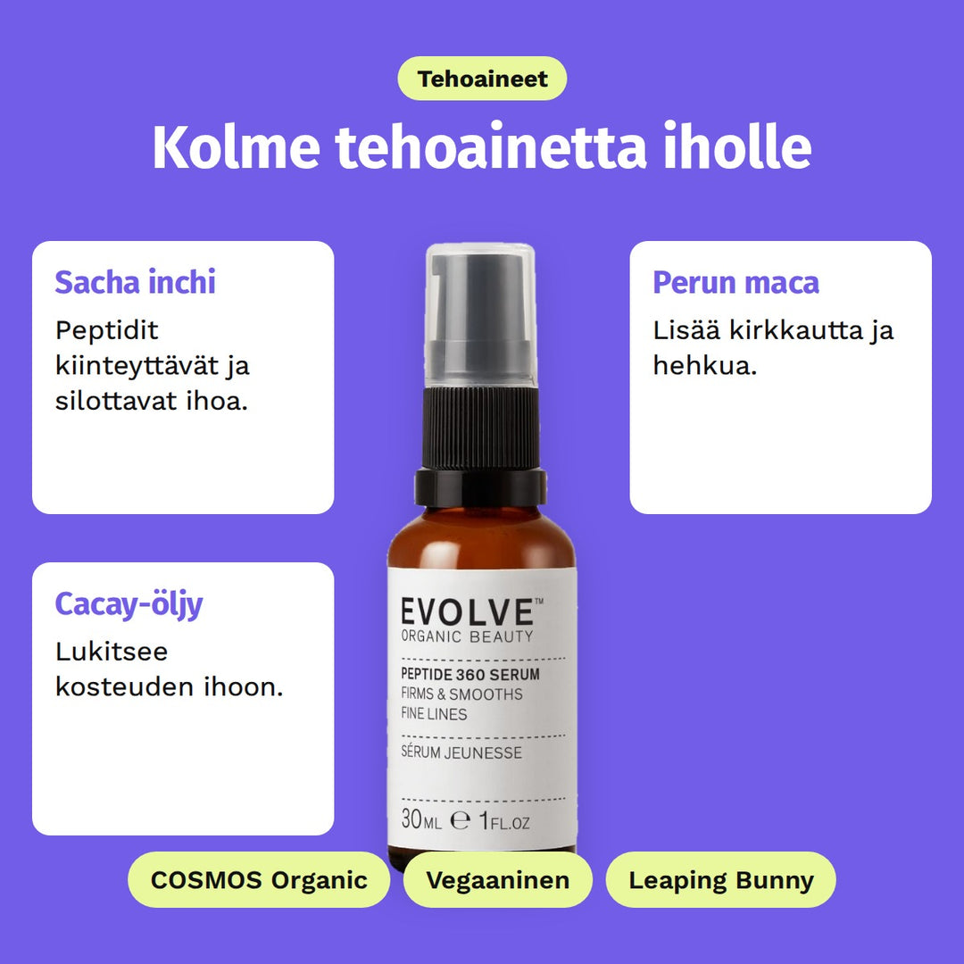 Evolve Peptide 360 -seerumi 30 ml, tehoaineet: Sacha inchi, Perun maca ja Cacay-öljy. COSMOS Organic, Vegaaninen ja Leaping Bunny.