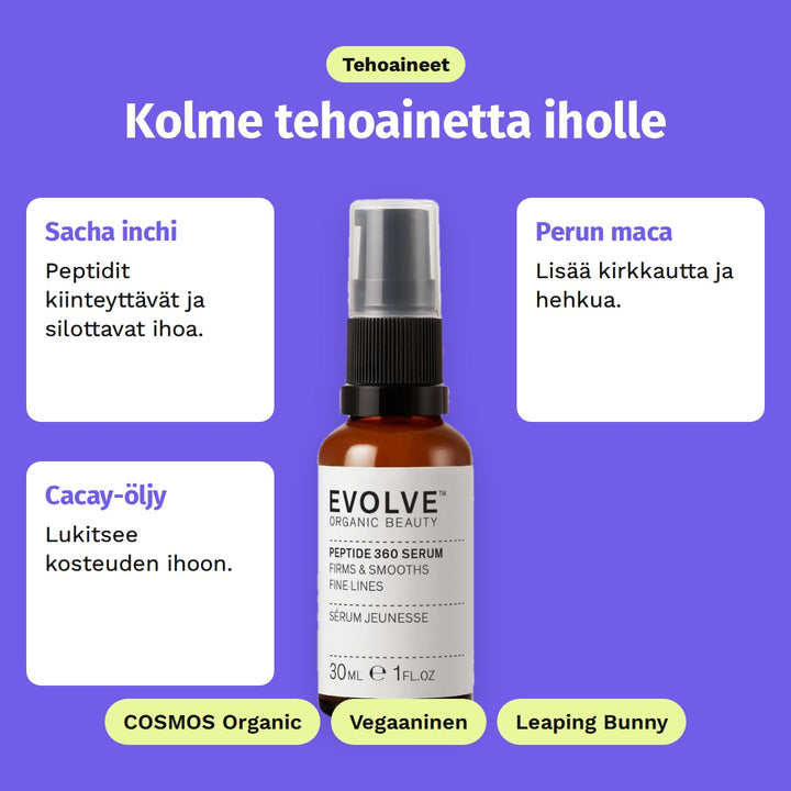 Evolve Peptide 360 -seerumi 30 ml, tehoaineet: Sacha inchi, Perun maca ja Cacay-öljy. COSMOS Organic, Vegaaninen ja Leaping Bunny.
