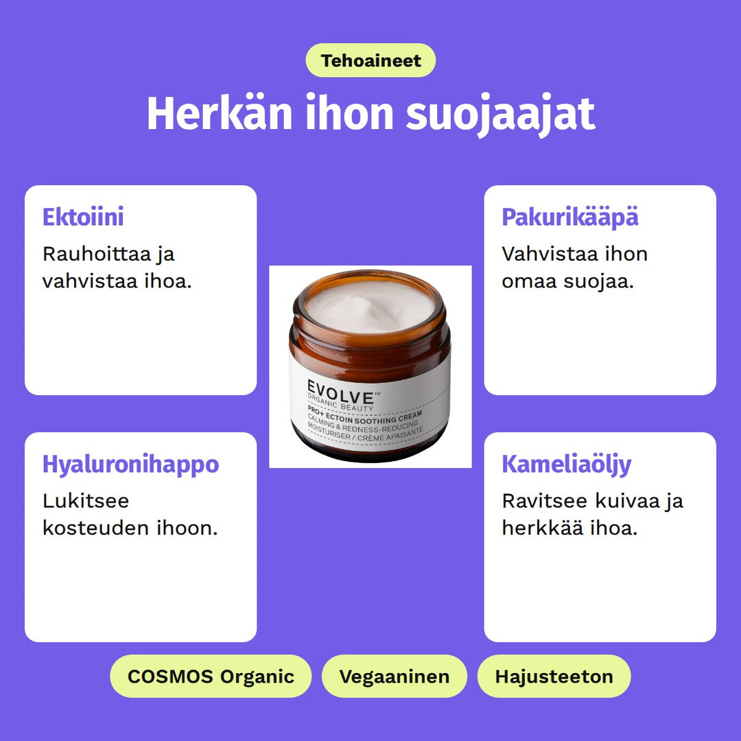 Evolve Pro+ Ectoin Soothing Cream 60 ml, tehoaineet: Ektoiini, Pakurikääpä, Hyaluronihappo ja Kameliaöljy. COSMOS Organic, Vegaaninen ja Hajusteeton.