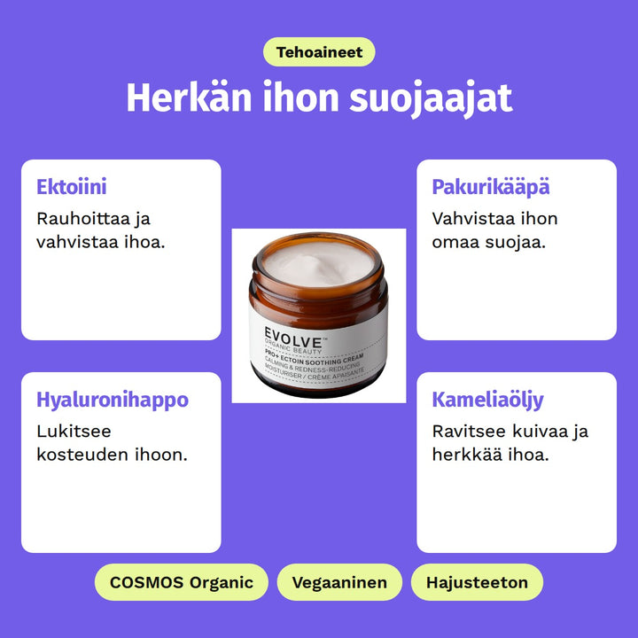 Evolve Pro+ Ectoin Soothing Cream 60 ml, tehoaineet: Ektoiini, Pakurikääpä, Hyaluronihappo ja Kameliaöljy. COSMOS Organic, Vegaaninen ja Hajusteeton.
