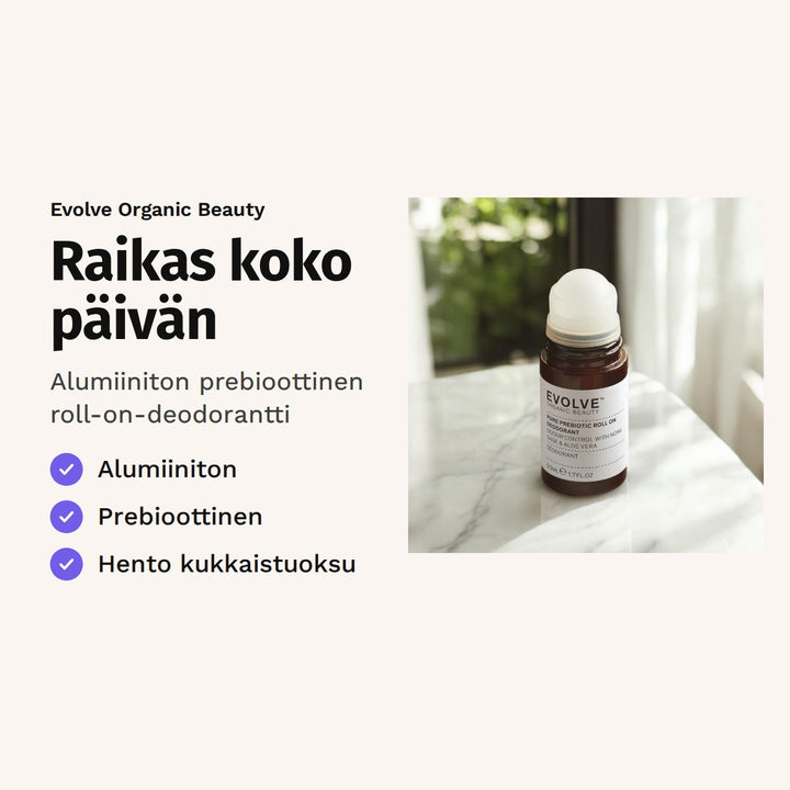 Evolve Pure Prebiotic Deodorantti 50 ml. Raikas koko päivän. Alumiiniton prebioottinen roll-on-deodorantti. Kuvassa roll-on-deodorantti marmoripöydällä.